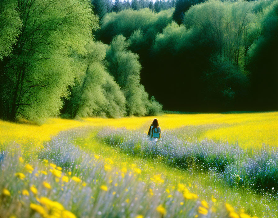 Person walking in vibrant meadow with yellow and purple flowers.