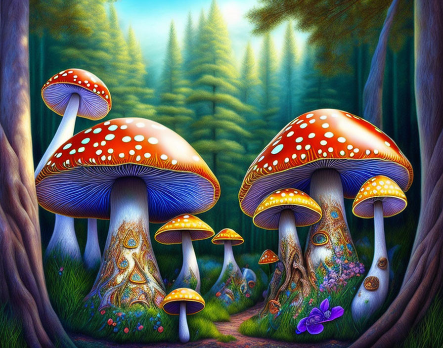 Detailed illustration of oversized red-capped mushrooms in enchanted forest