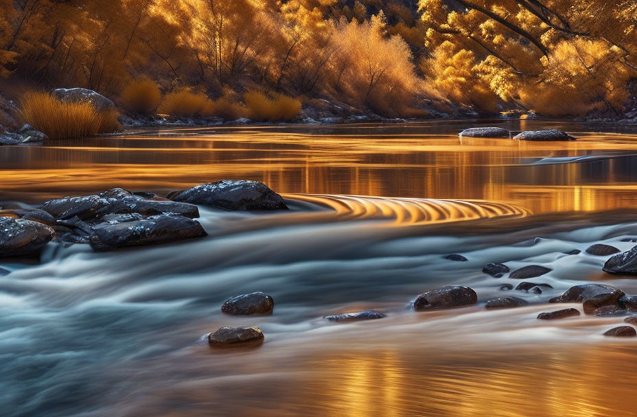 Tranquil river with smooth flow, rocks, autumn trees, and warm sunlight