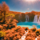 Serene waterfalls cascading into blue pool amidst lush autumnal trees