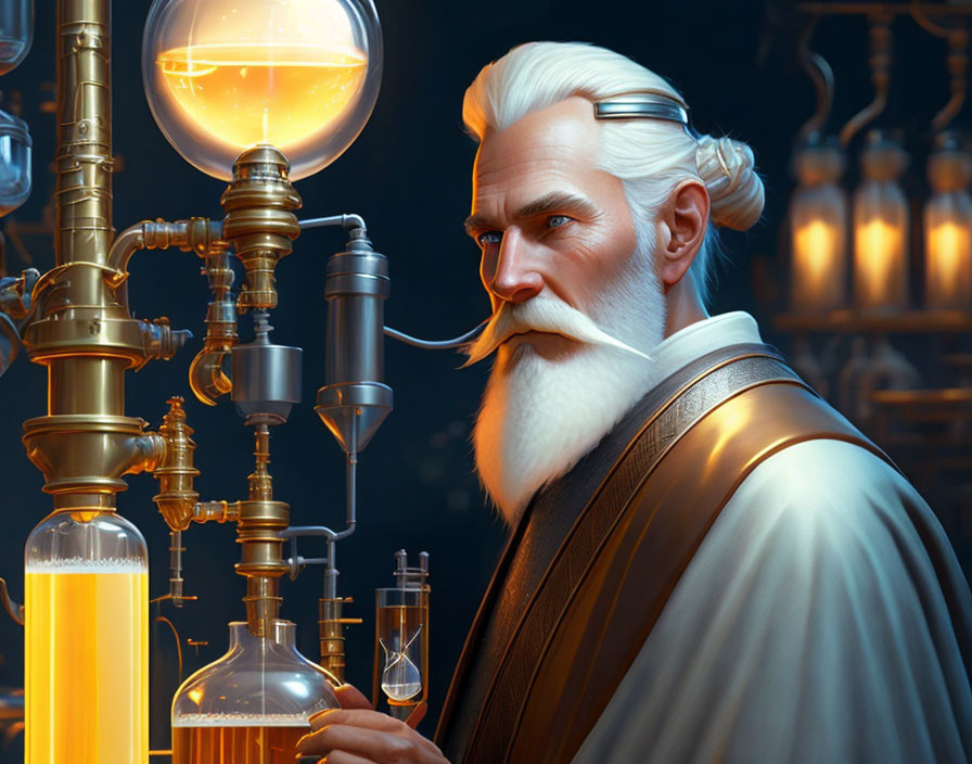 White-bearded elderly man in steampunk laboratory with glowing vials