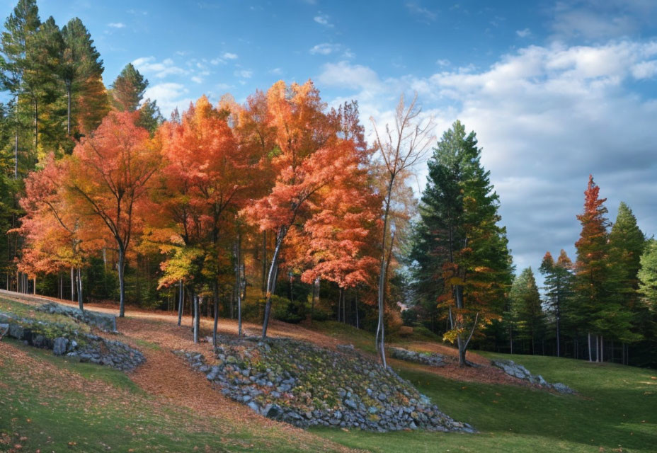 Vibrant autumn landscape with orange and yellow trees under blue sky