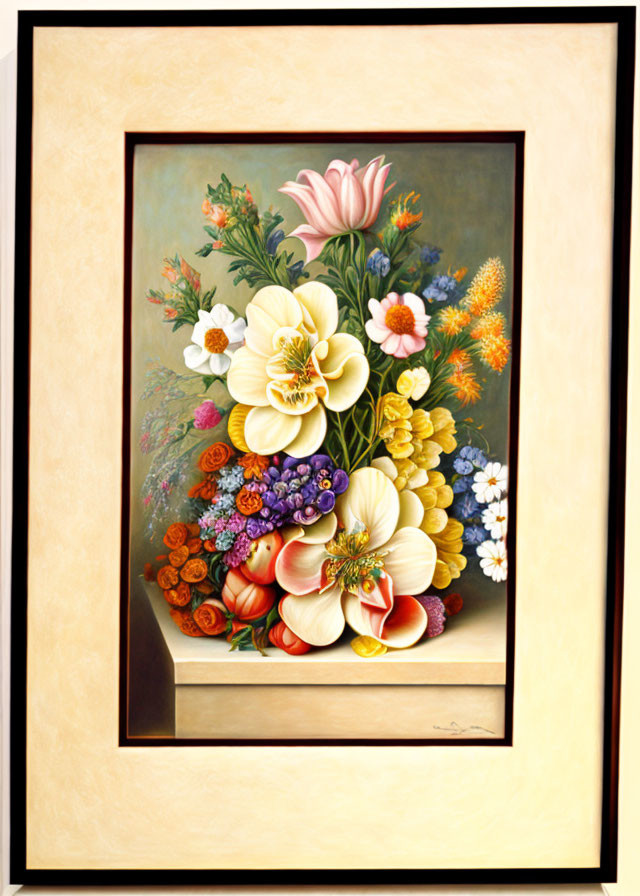 Assorted colorful flowers in double border on dark background