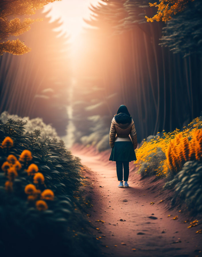 Tranquil forest path with lush trees and orange flowers