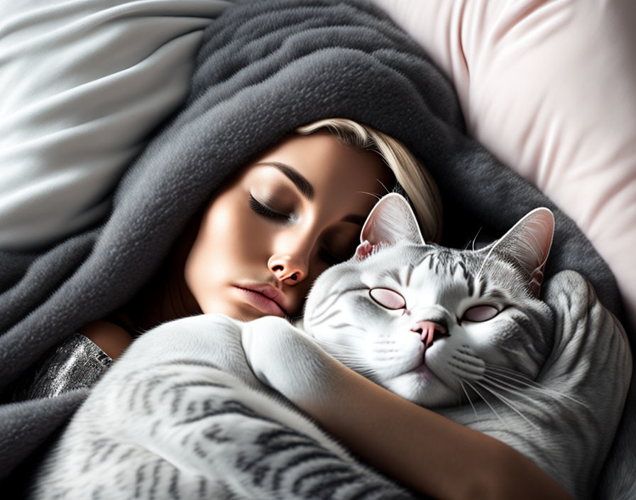 Woman and striped cat sleeping under gray blanket with soft light.