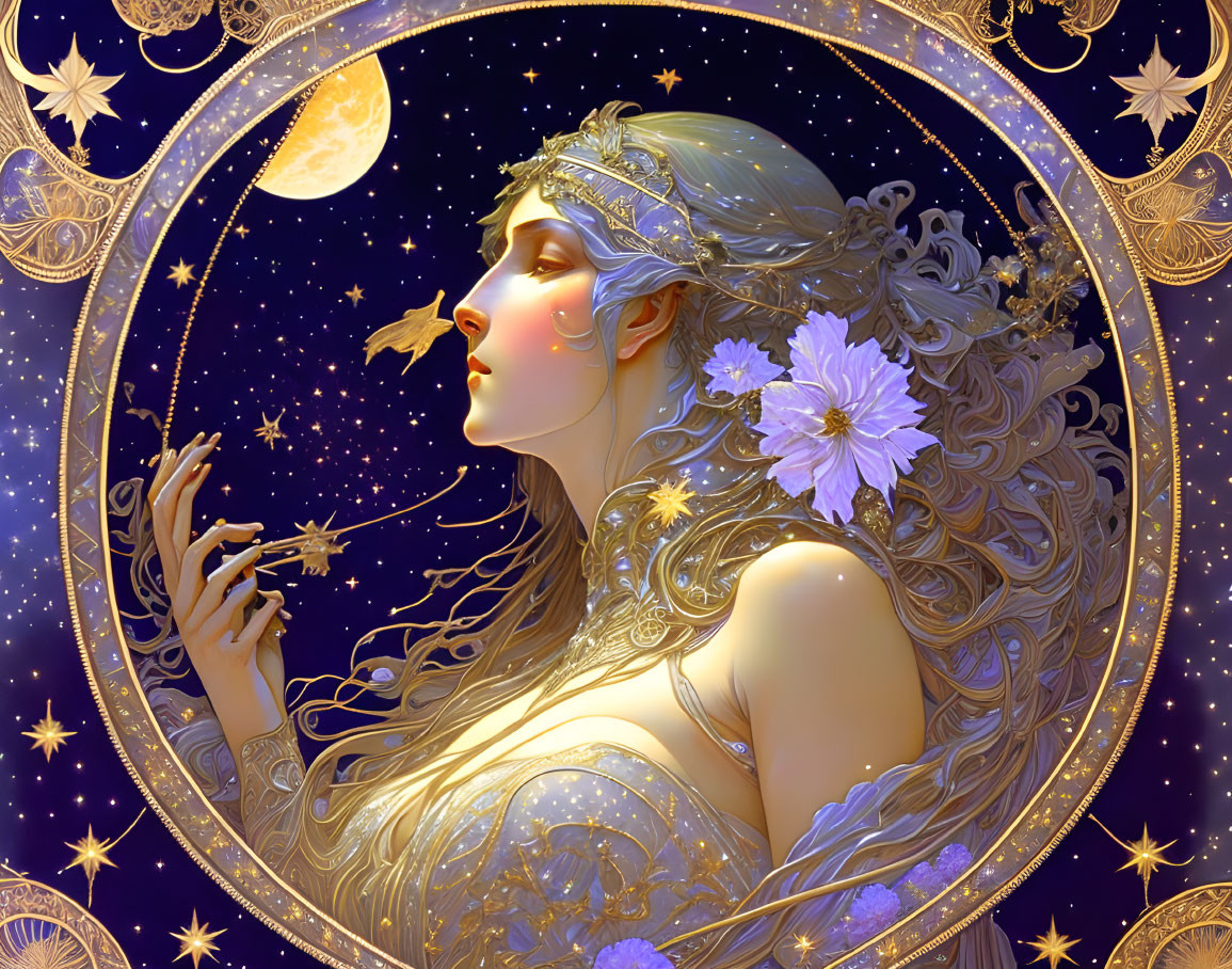 Ethereal woman with floral adornments and celestial backdrop