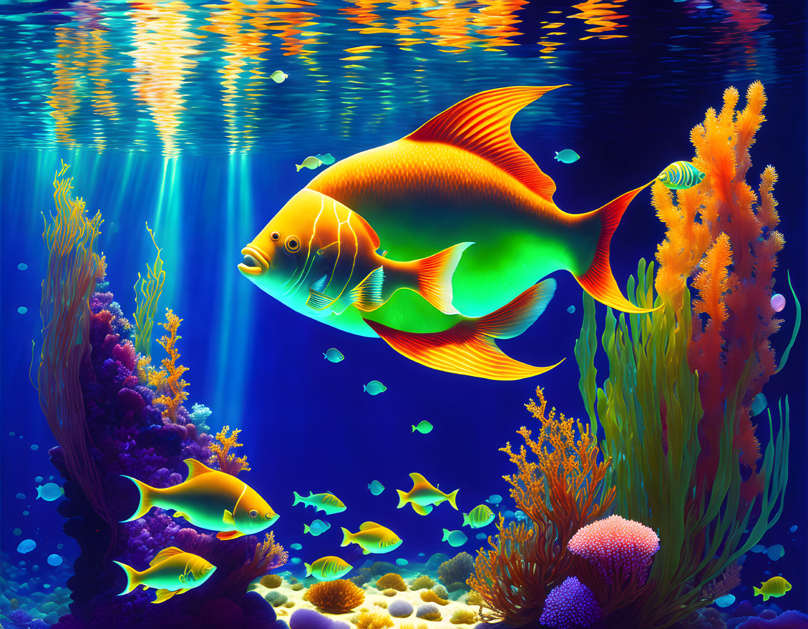 Colorful Underwater Scene with Large Orange Fish, Coral Reefs, and Light Reflections