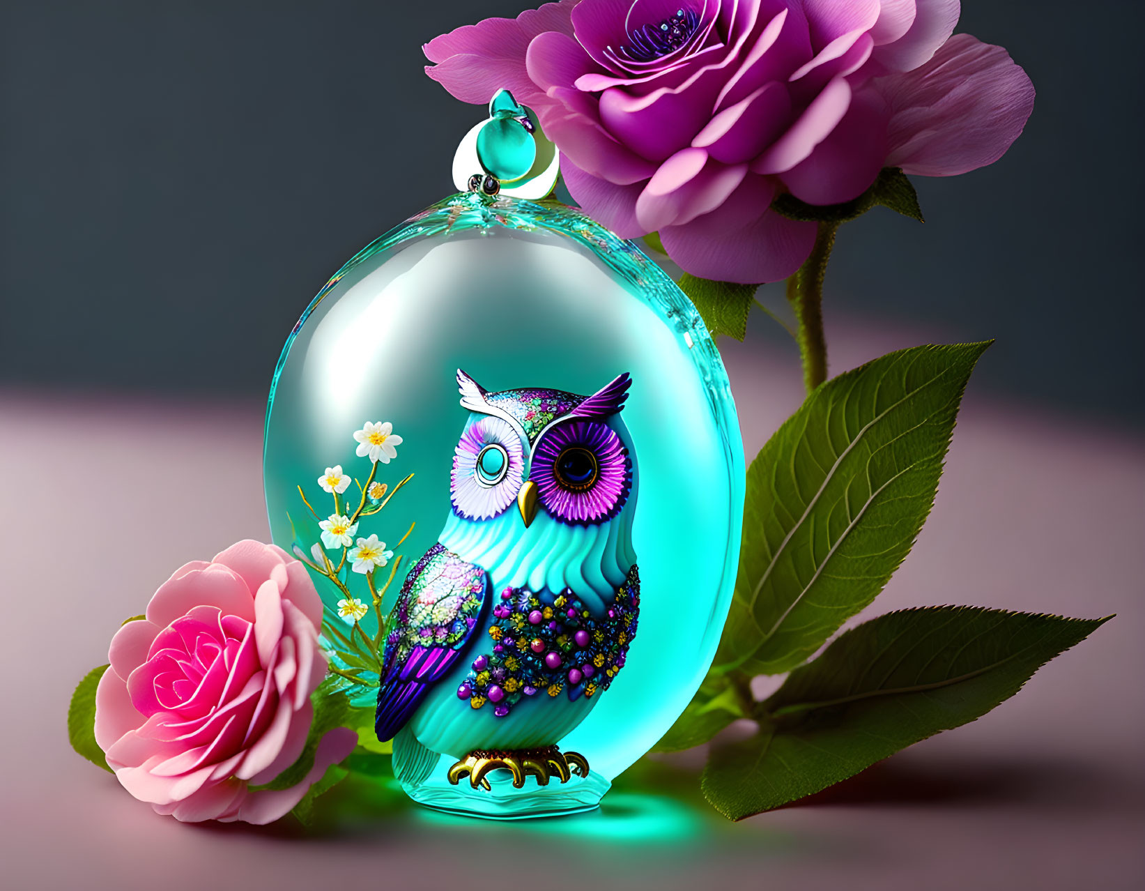 Colorful Owl in Teal Bauble with Flowers and Roses