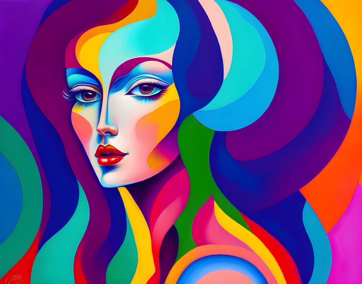 Colorful abstract portrait of female figure with multicolored skin and hair