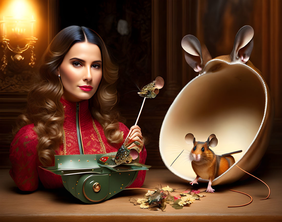 Serene woman with paintbrush and whimsical mice in classic interior