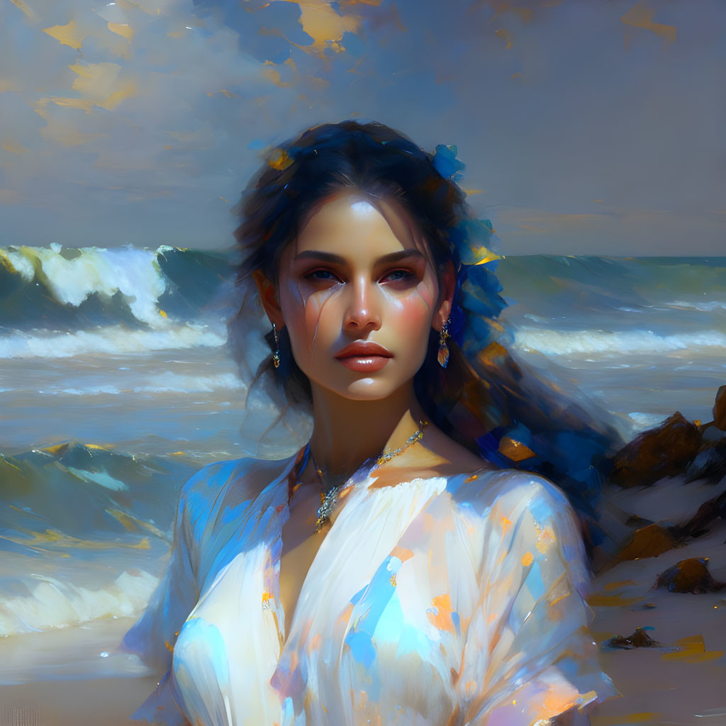 Digital painting: Woman with dark hair in white and orange dress on sunny beach.