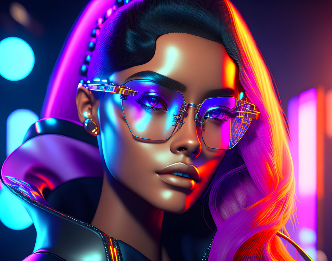 Digital portrait of a woman with neon glasses and colorful lighting