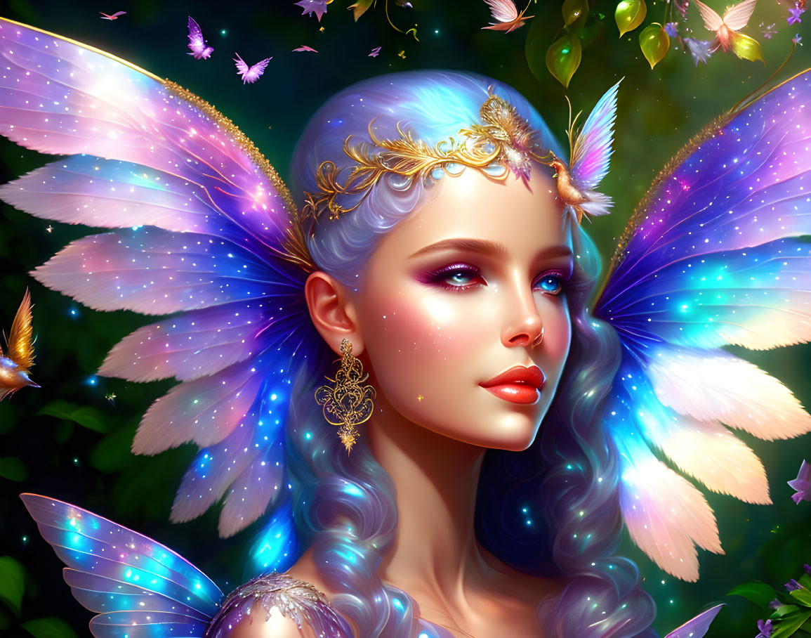 Fantasy illustration of woman with butterfly wings and blue hair in lush setting