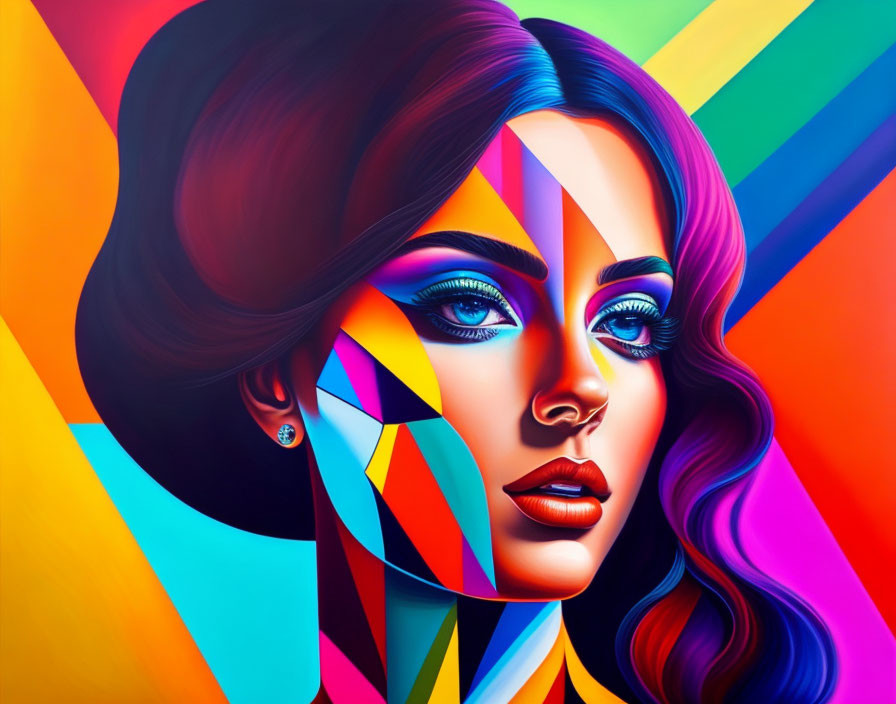 Colorful portrait of stylized woman with geometric patterns and flowing hair.