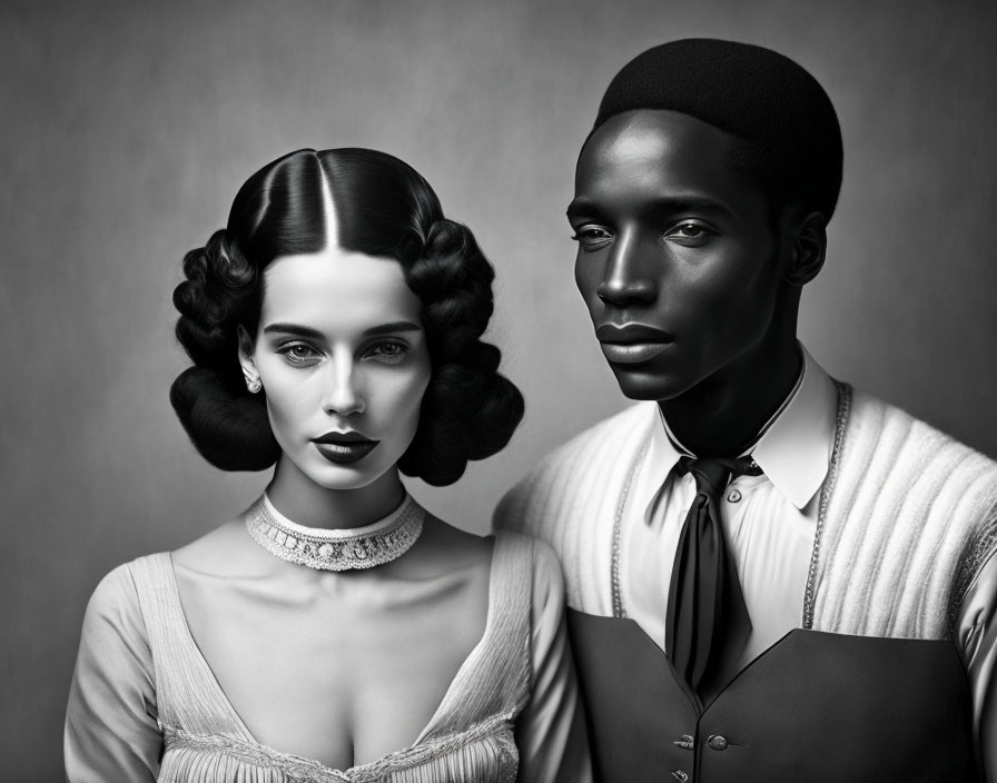 Vintage-styled couple in black-and-white portrait with retro attire.