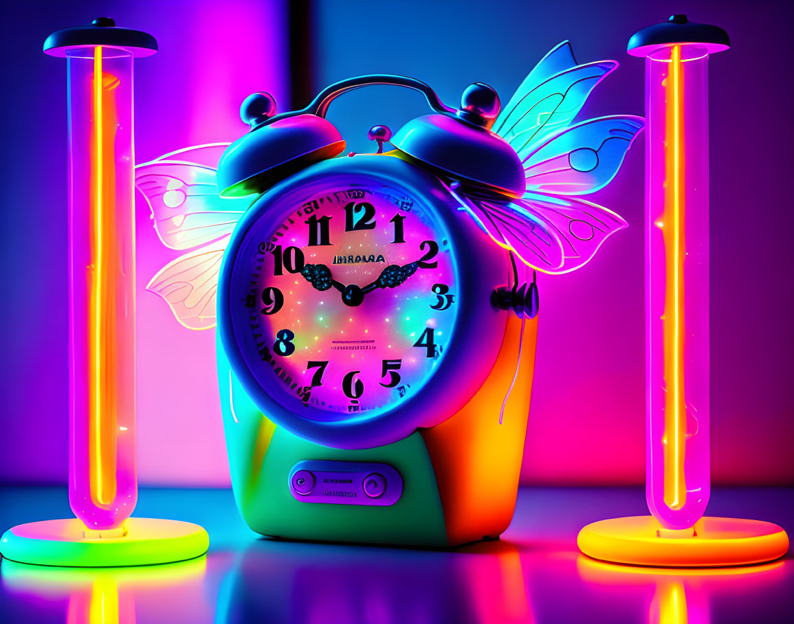 Vibrant butterfly wings alarm clock under neon tubes in pink and blue light