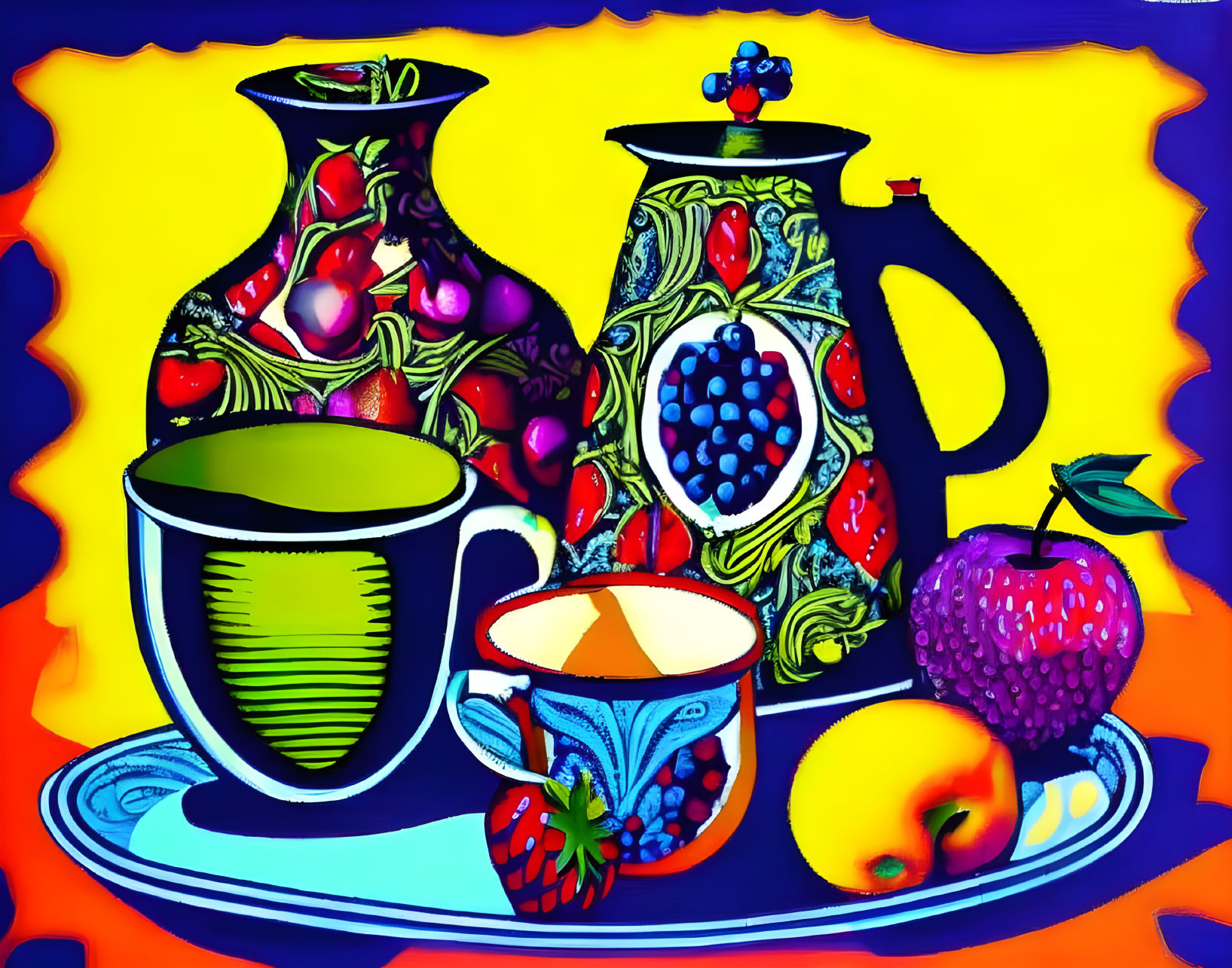 Colorful still life painting with cup, jug, fruit, and blue vehicle on patterned surface.