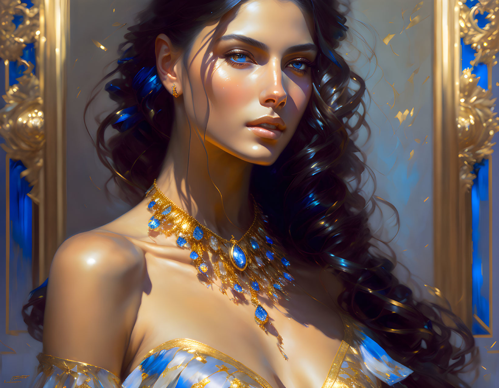 Detailed illustration of woman with dark hair and golden jewelry on ornate background