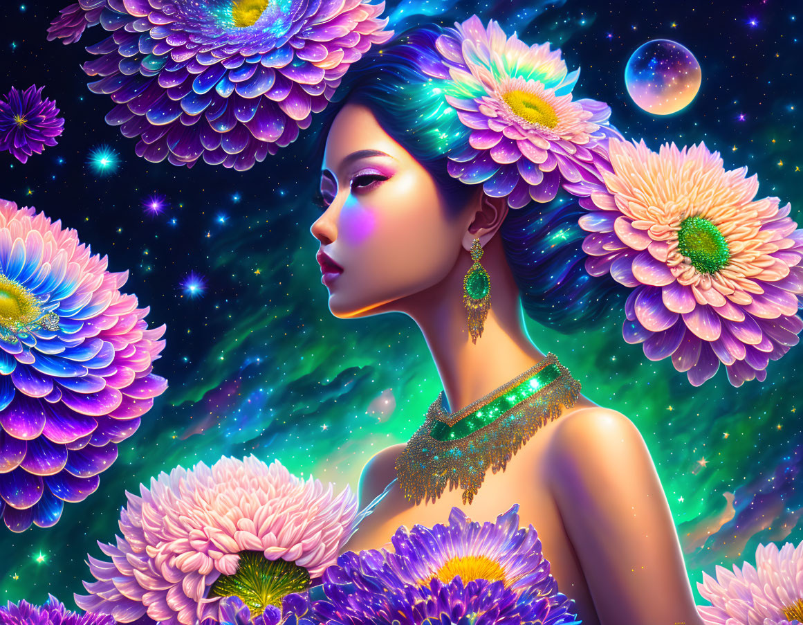 Colorful digital portrait of a woman with flowers and celestial elements.