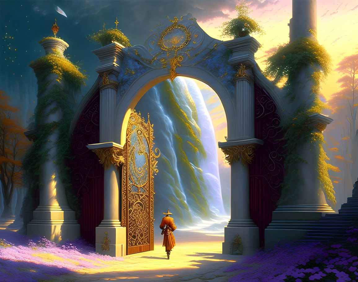 Golden gate leading to luminous waterfall in mystical forest with figure in orange.