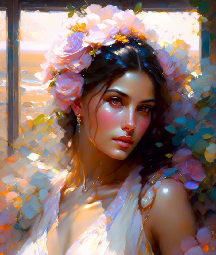 Portrait of woman with floral headpiece, deep gaze, red lips, and ethereal glow by window