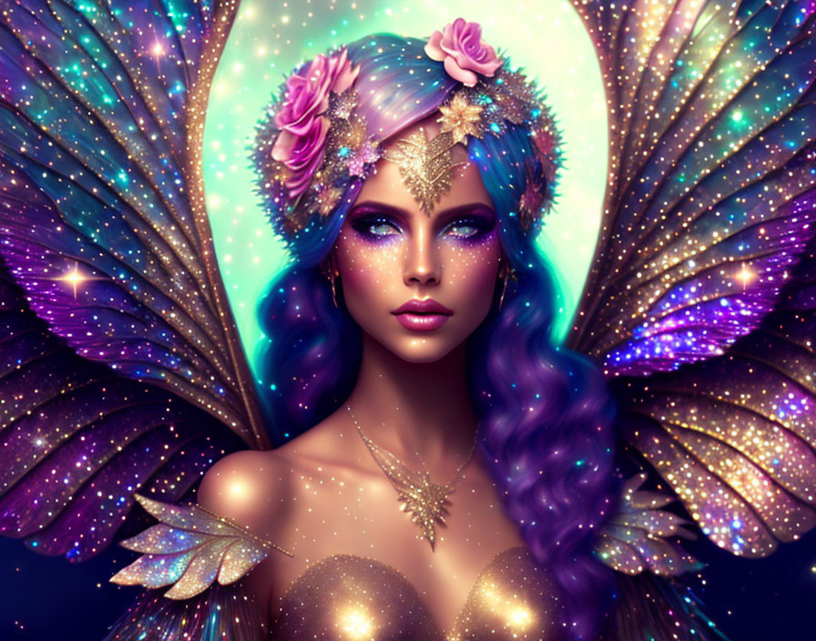 Digital Artwork: Woman with Cosmic Butterfly Wings and Floral Adornments