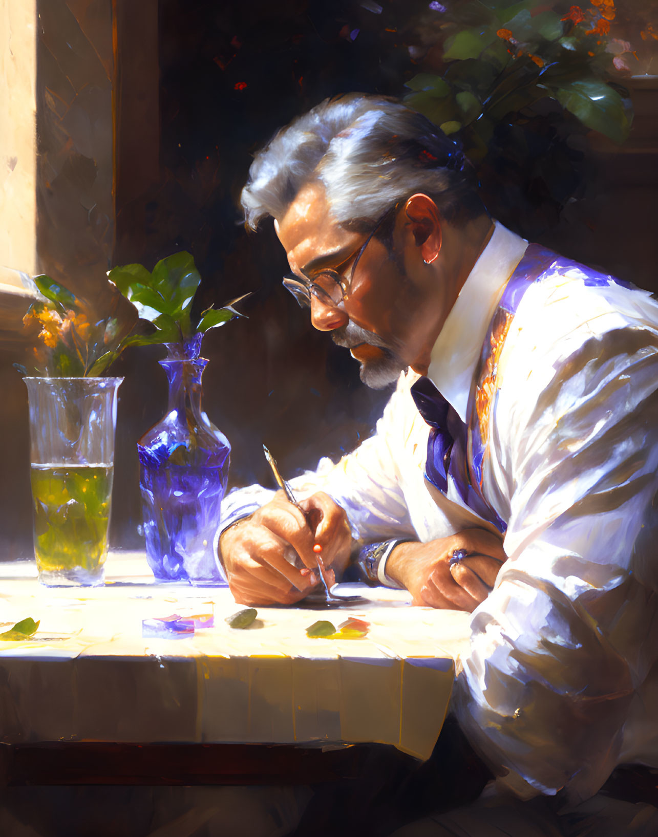 Gray-Haired Man in White Shirt and Tie Writing at Sunlit Table