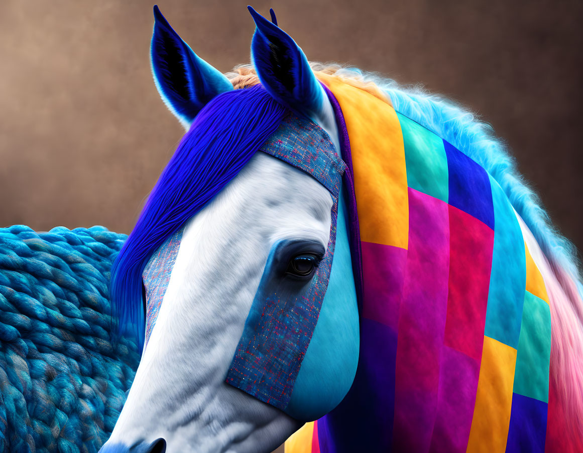 Vibrant Blue-Maned Horse with Colorful Checkered Blanket