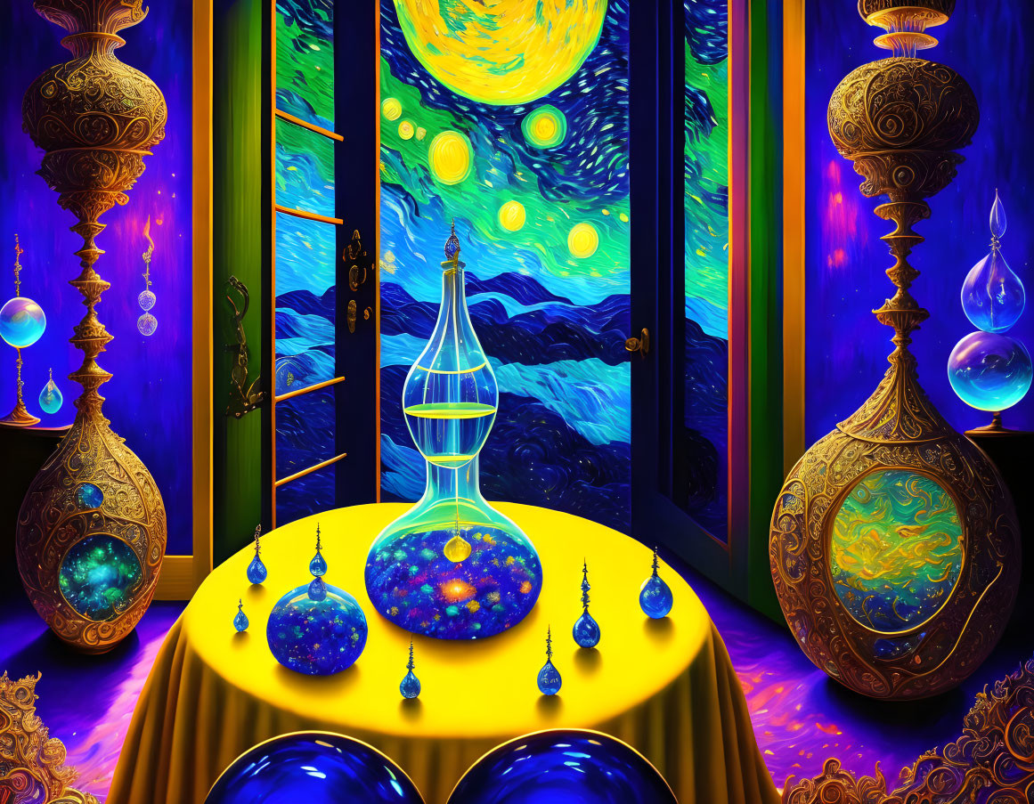 Vivid room with "Starry Night" painting, ornate lamps, cosmic theme