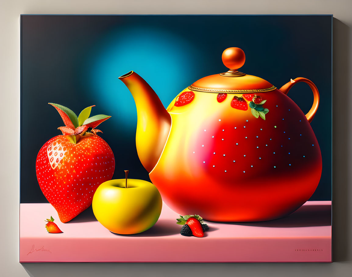 Colorful Still Life Painting with Red Teapot, Strawberry, and Green Apple