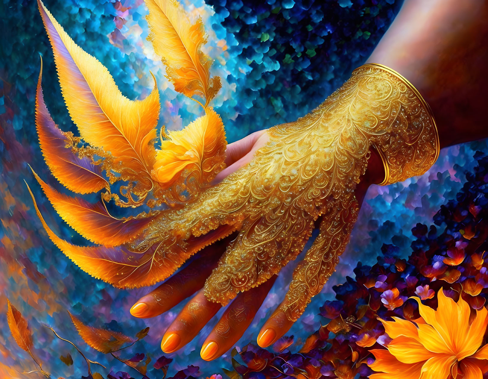 Detailed Hand Artwork Featuring Gold Henna Designs and Feathers on Blue Floral Background