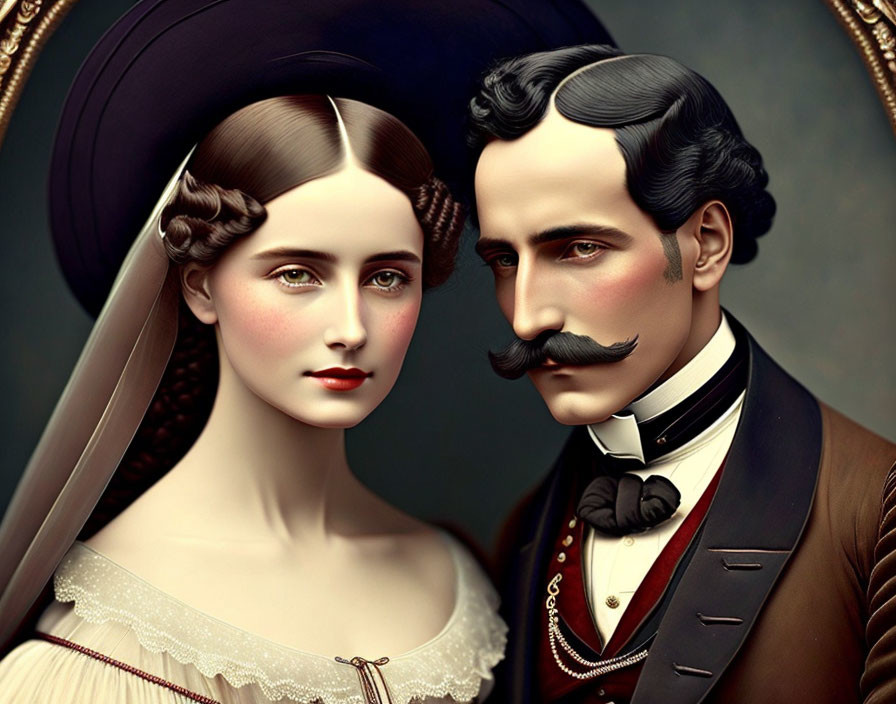 Victorian-era Styled Couple with Mustache Man and Elegant Woman in White Dress