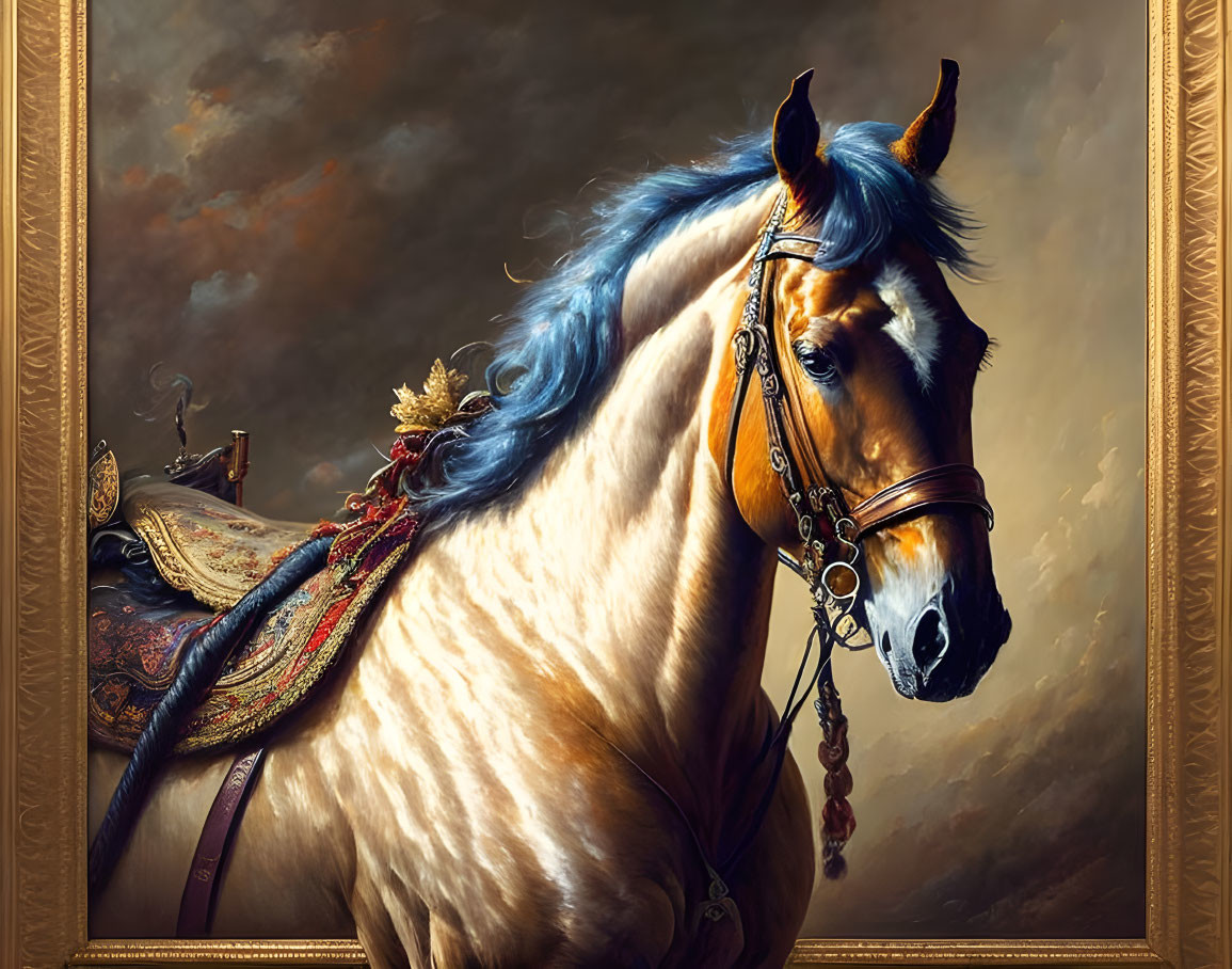 Majestic palomino horse with braided blue mane in ornate tack under dramatic sky