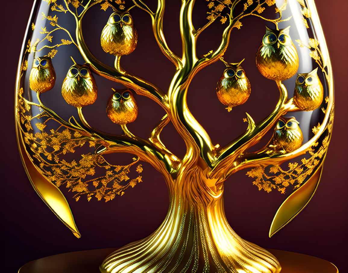 Gold Tree Sculpture with Owl Figures on Red Background