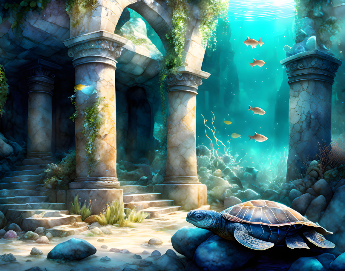 Sunlit Underwater Ruins with Turtle, Fish, and Greenery