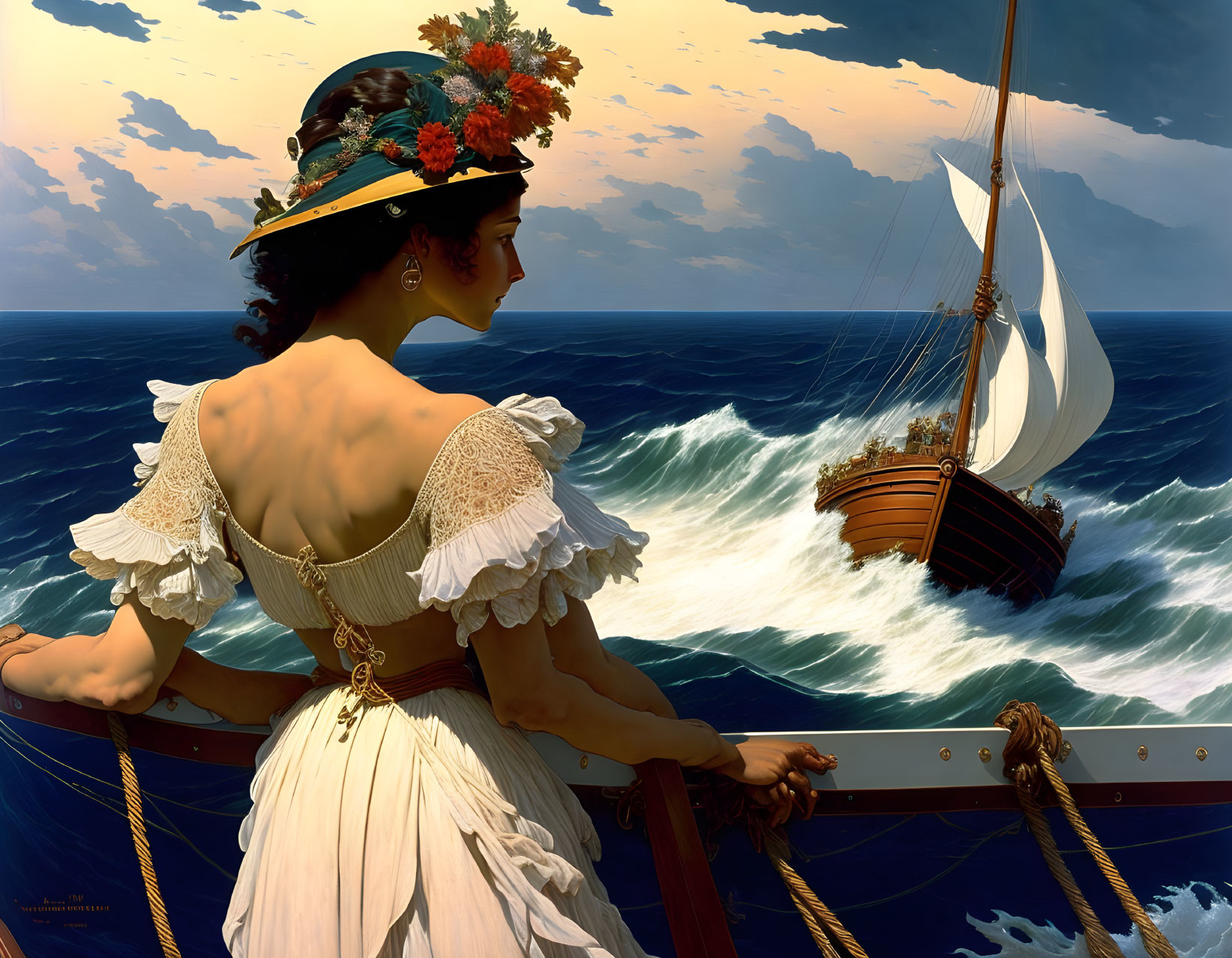 Vintage-dressed woman gazes at sailing ship on rough seas from boat deck