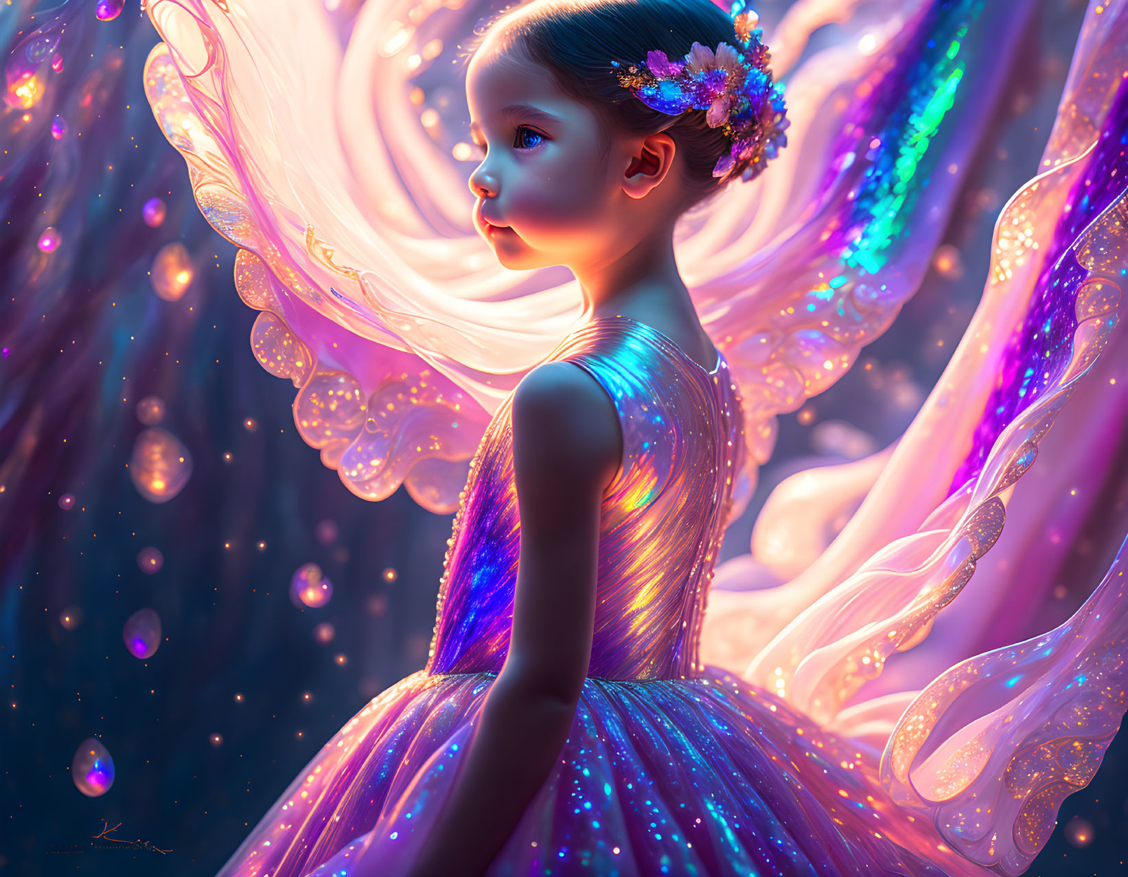 Young girl with glowing wings in sparkly dress surrounded by iridescent lights and orbs