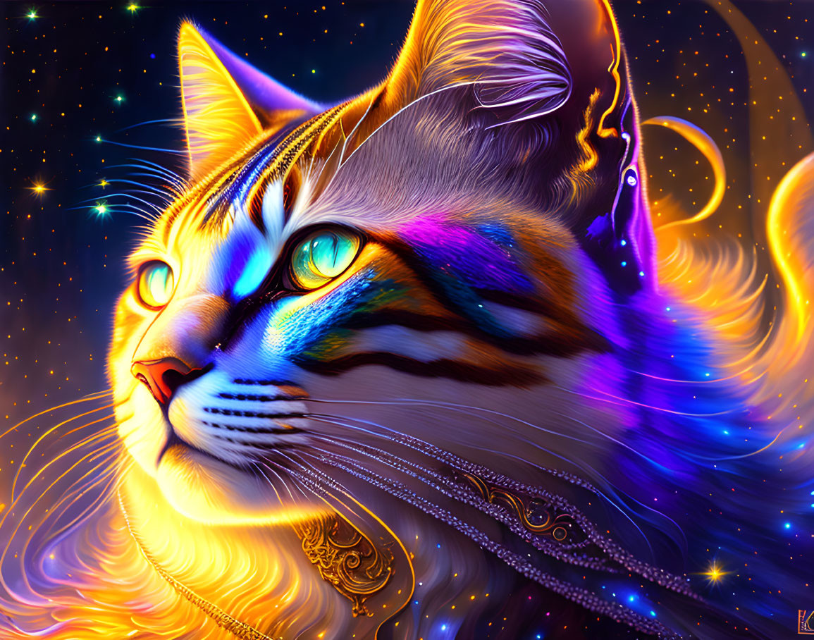 Colorful Cat Digital Art with Multicolored Fur and Celestial Background