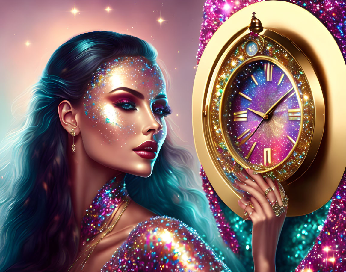 Glittering woman with ornate pocket watch in cosmic setting