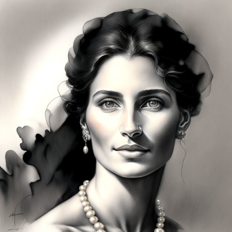 Elegant monochromatic portrait of a woman with pearl jewelry