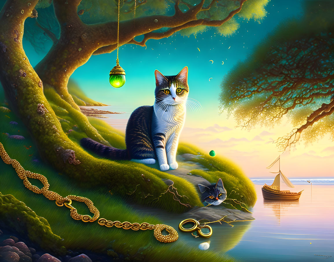 Whimsical digital artwork with cat, fish, boat, trees & starry sky