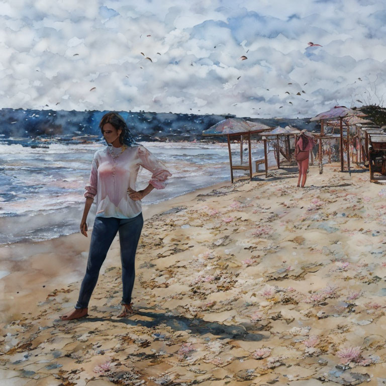 Woman walking on sandy beach with flowers, waves crashing in background