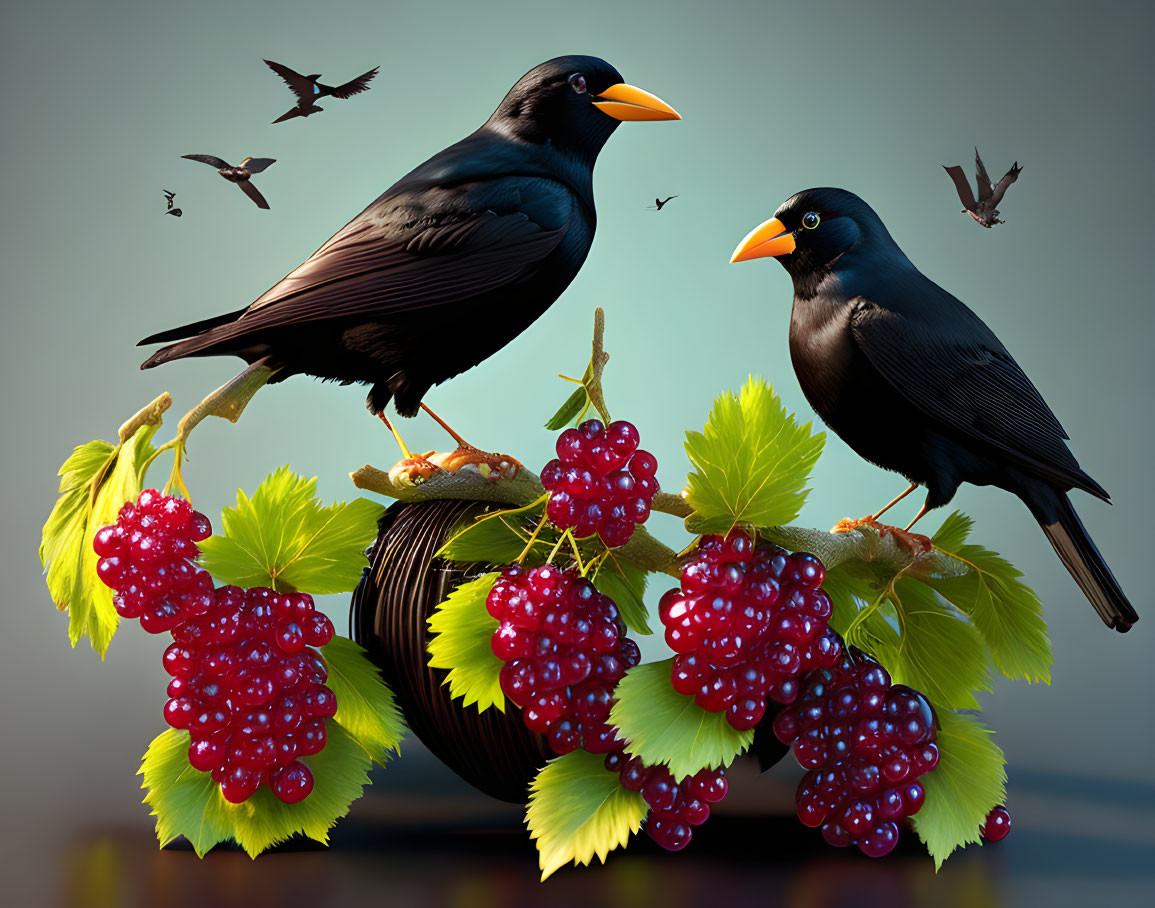 Blackbirds on vine branches with red grapes and flying birds in the background