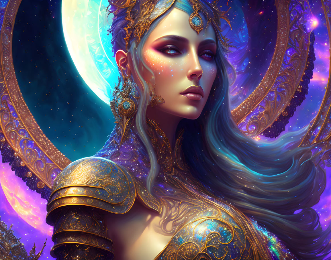 Ethereal woman with golden jewelry in cosmic setting