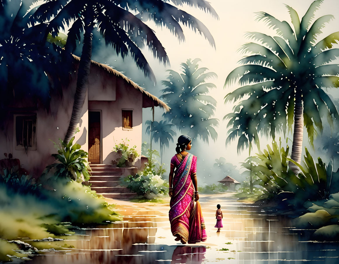 Woman in vibrant sari with child by traditional house in lush, rural setting