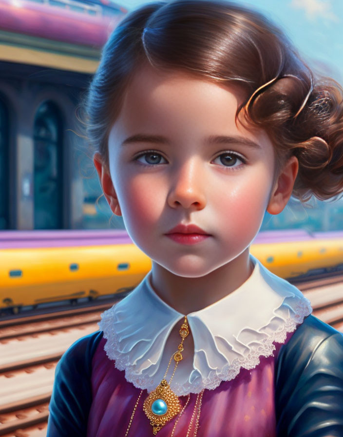 Young girl in vintage dress with turquoise pendant near train