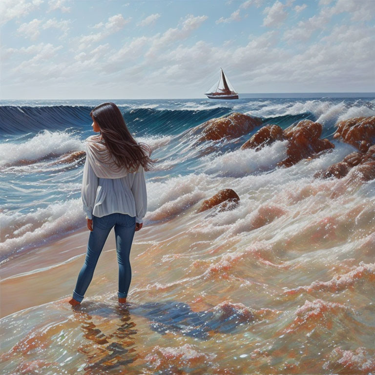 Woman in jeans and white top watching waves with sailboat in the distance