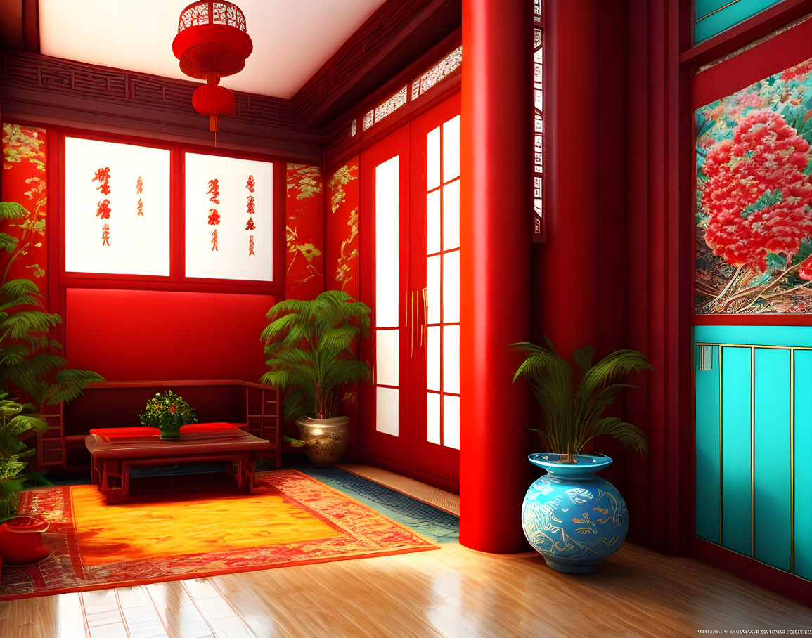 Traditional Chinese Decor in Vibrant Room with Red Walls