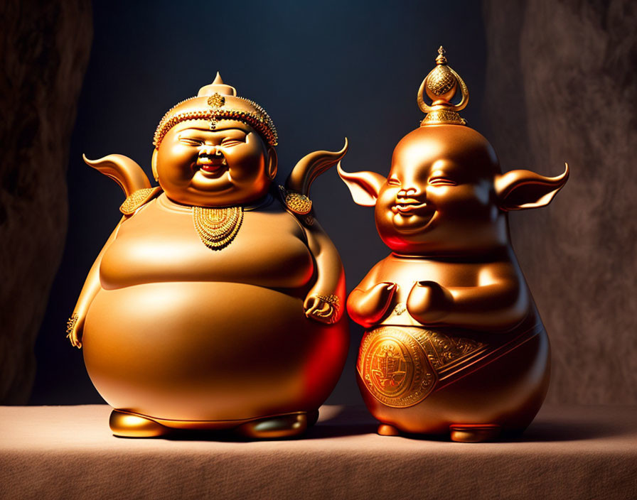 Golden Laughing Buddha Statues: One Larger with Raised Hands, One Smaller with Coin, Dark