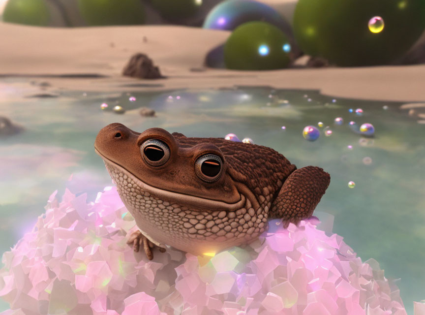 Colorful digital artwork: Smiling frog with extra eyes on pink crystals